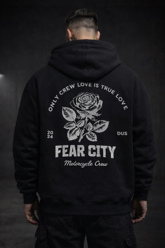 Fear City WHITE ROSE ZIP – Clubstyle Motorrad Zip Hoodie für Biker und Motorcycle Crew mit Rose Print