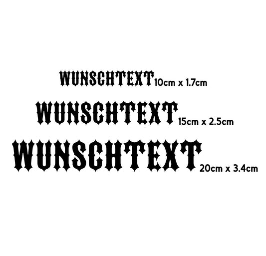 Beispielgrafik zeigt Größenverhältnis von personalisierten Stickern in Clubstyle-Schrift - mit variierender Buchstabenhöhe je nach Textlänge