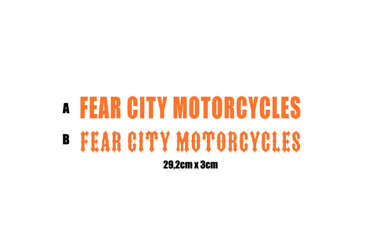Motorrad Aufkleber "FEAR CITY MOTORCYCLES" - Hardcore Biker Clubstyle fürs Bike, Chopper, Tank, Helm oder Werkzeugkoffer. Perfekt für Rocker, MCs & Custombike-Fans.
Oldschool Gothic- oder Bold-Schrift, 29,2 x 3 cm, mit Transferfolie. Zeig deine Rebellion, deine Straße, deine Crew - Fear City Forever.
Motorradclub Aufkleber für echte Two-Wheel-Outlaws, Streetrider & Garage Kings.