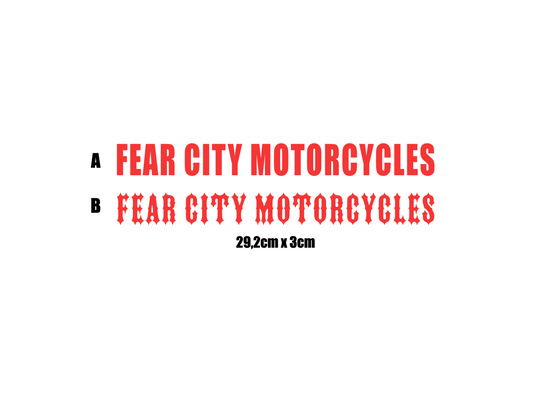 Motorrad Aufkleber "FEAR CITY MOTORCYCLES" - Hardcore Biker Clubstyle fürs Bike, Chopper, Tank, Helm oder Werkzeugkoffer. Perfekt für Rocker, MCs & Custombike-Fans.
Oldschool Gothic- oder Bold-Schrift, 29,2 x 3 cm, mit Transferfolie. Zeig deine Rebellion, deine Straße, deine Crew - Fear City Forever.
Motorradclub Aufkleber für echte Two-Wheel-Outlaws, Streetrider & Garage Kings.