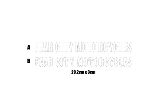 Motorrad Aufkleber "FEAR CITY MOTORCYCLES" - Hardcore Biker Clubstyle fürs Bike, Chopper, Tank, Helm oder Werkzeugkoffer. Perfekt für Rocker, MCs & Custombike-Fans.
Oldschool Gothic- oder Bold-Schrift, 29,2 x 3 cm, mit Transferfolie. Zeig deine Rebellion, deine Straße, deine Crew - Fear City Forever.
Motorradclub Aufkleber für echte Two-Wheel-Outlaws, Streetrider & Garage Kings.