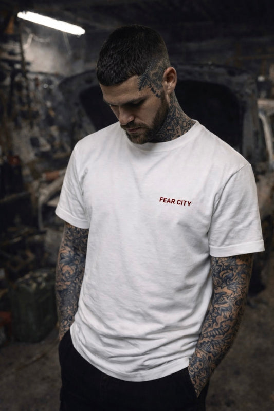 FEAR CITY RAW T-SHIRT – WHITE RUSTY RED/ FRONT & BACKPRINT