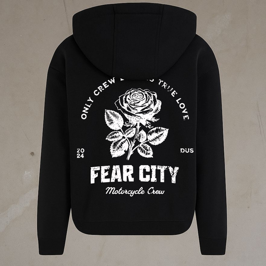 Fear City Rose Zipper Schwarz - Streetwear mit Rosen Print für Biker