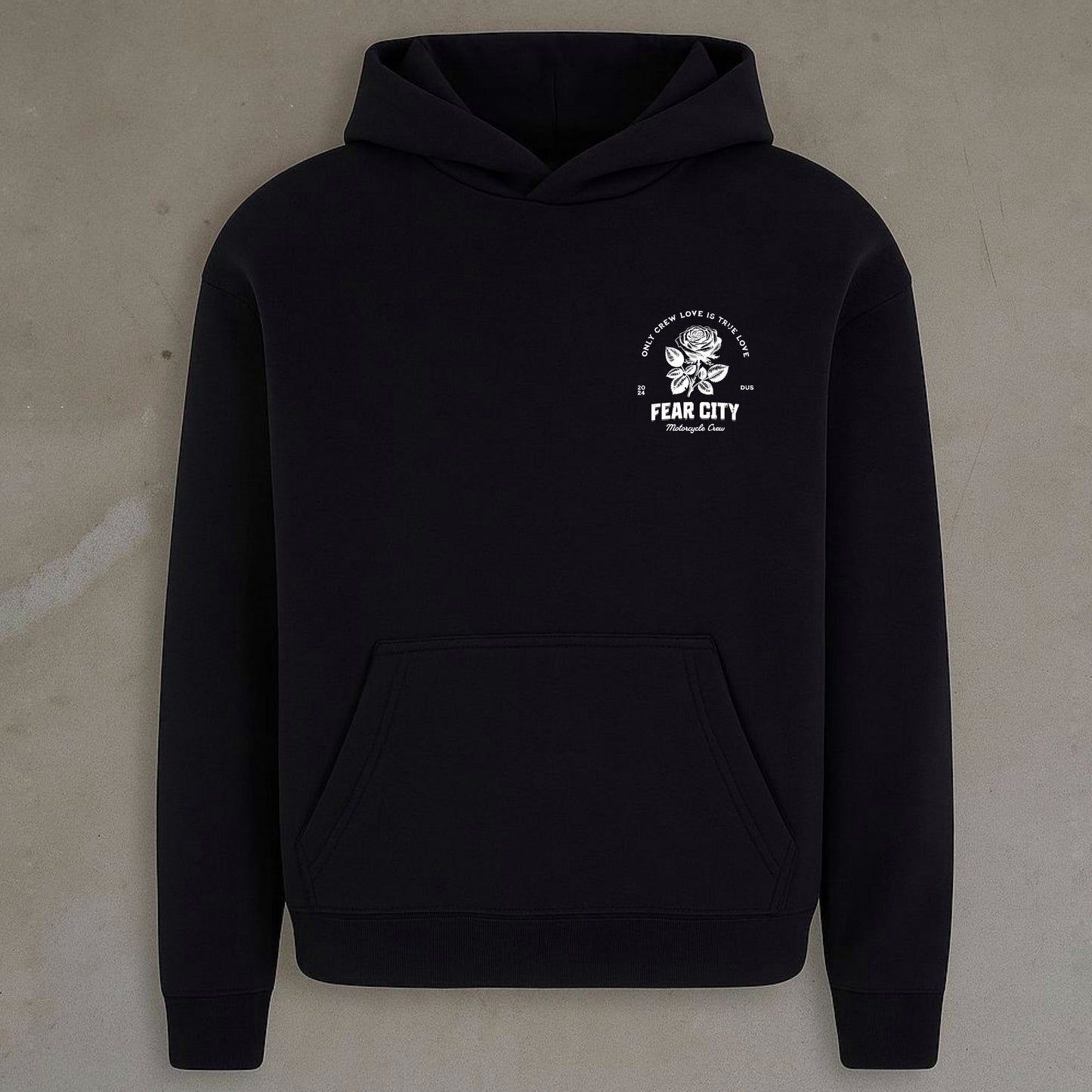 Fear City Rose Hoodie Schwarz - Streetwear mit Rosen Print für Biker