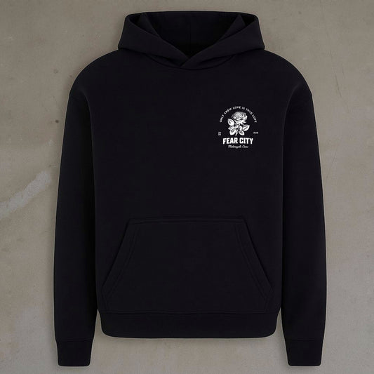 Fear City Rose Hoodie Schwarz - Streetwear mit Rosen Print für Biker