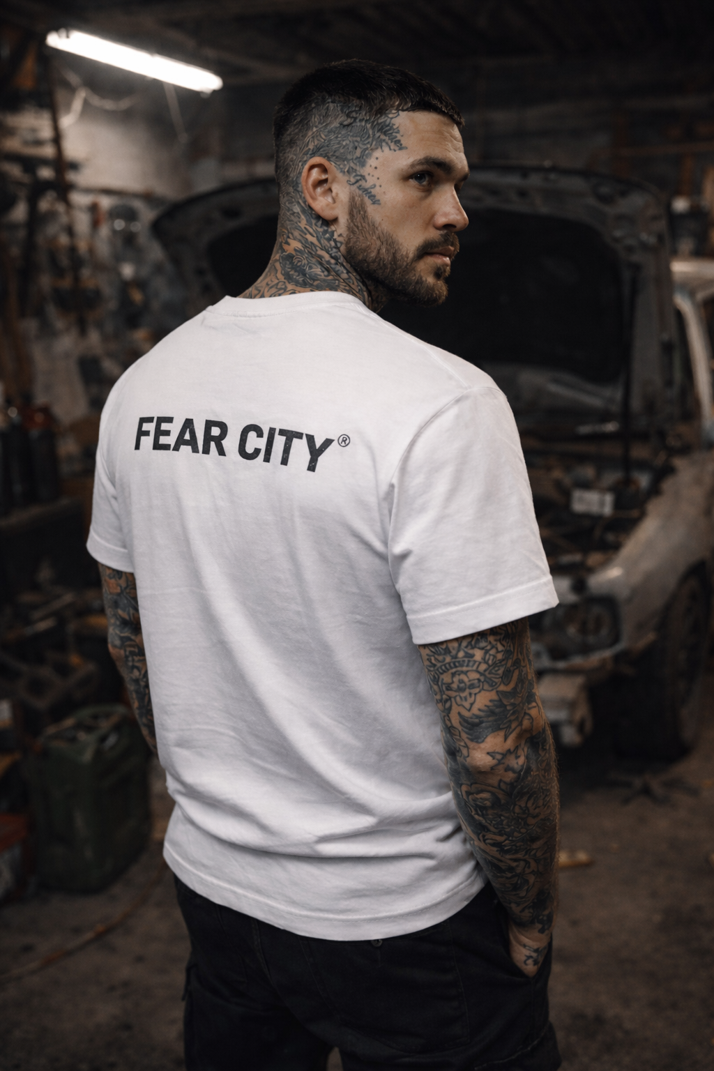 FEAR CITY RAW T-SHIRT – WHITE / FRONT & BACKPRINT