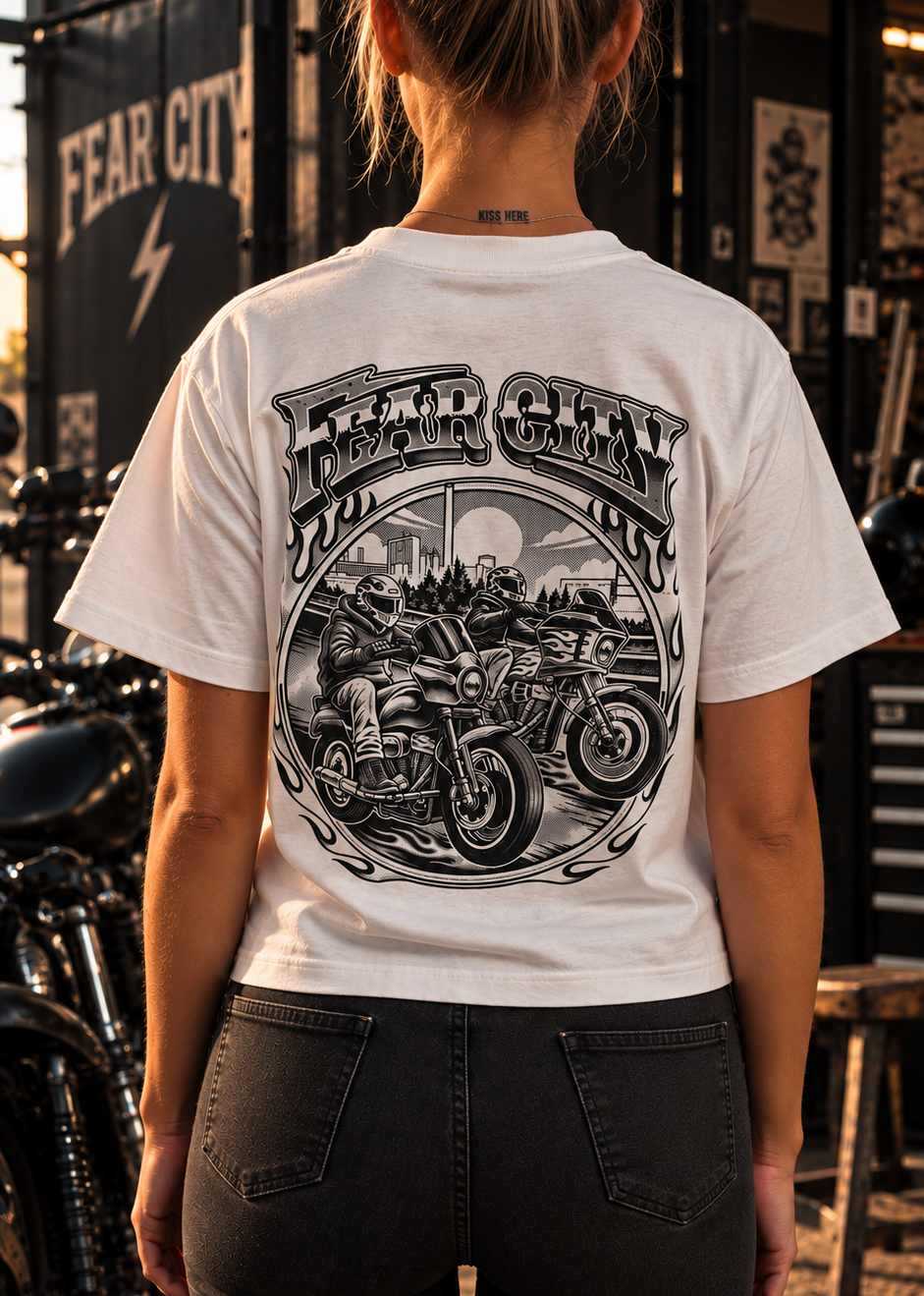 FEAR RIDE TEE Damen von Fear City – weißes Motorrad T-Shirt im Clubstyle