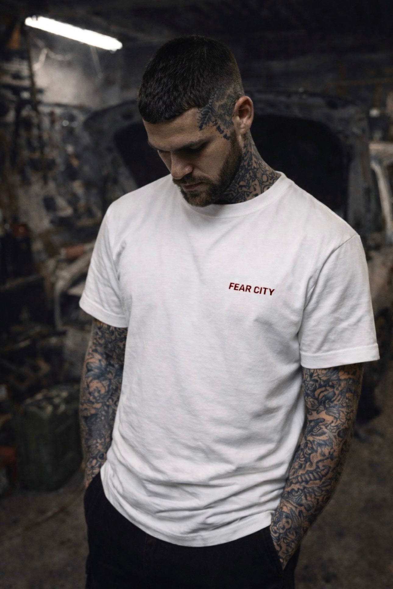 FEAR CITY RAW T-SHIRT – WHITE RUSTY RED/ FRONT & BACKPRINT