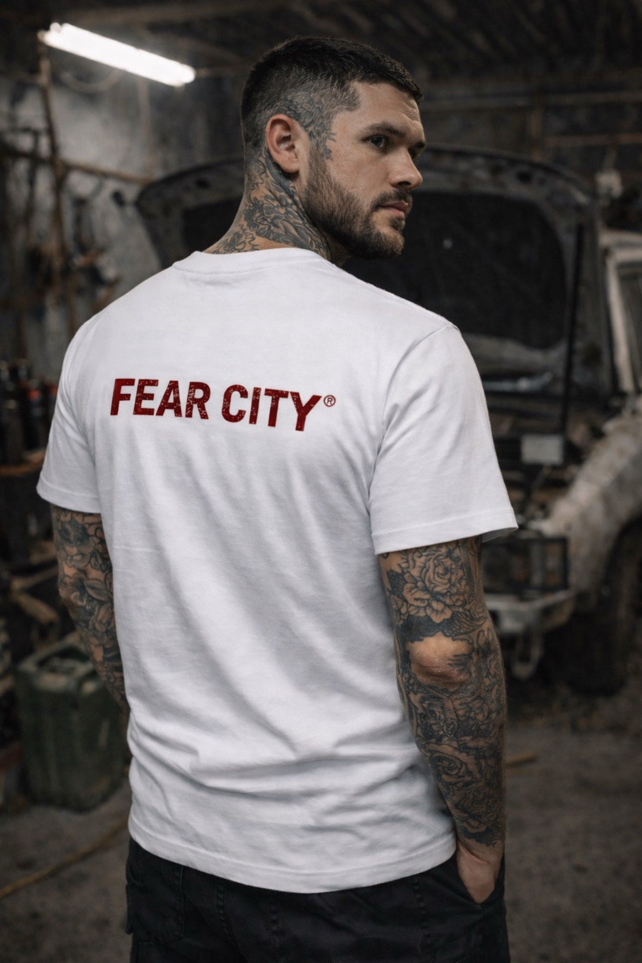 FEAR CITY RAW T-SHIRT – WHITE RUSTY RED/ FRONT & BACKPRINT