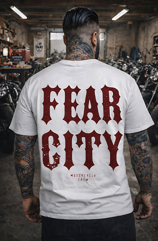 OG FEAR CITY T-SHIRT – WHITE / FRONT & BACKPRINT RUSTY RED