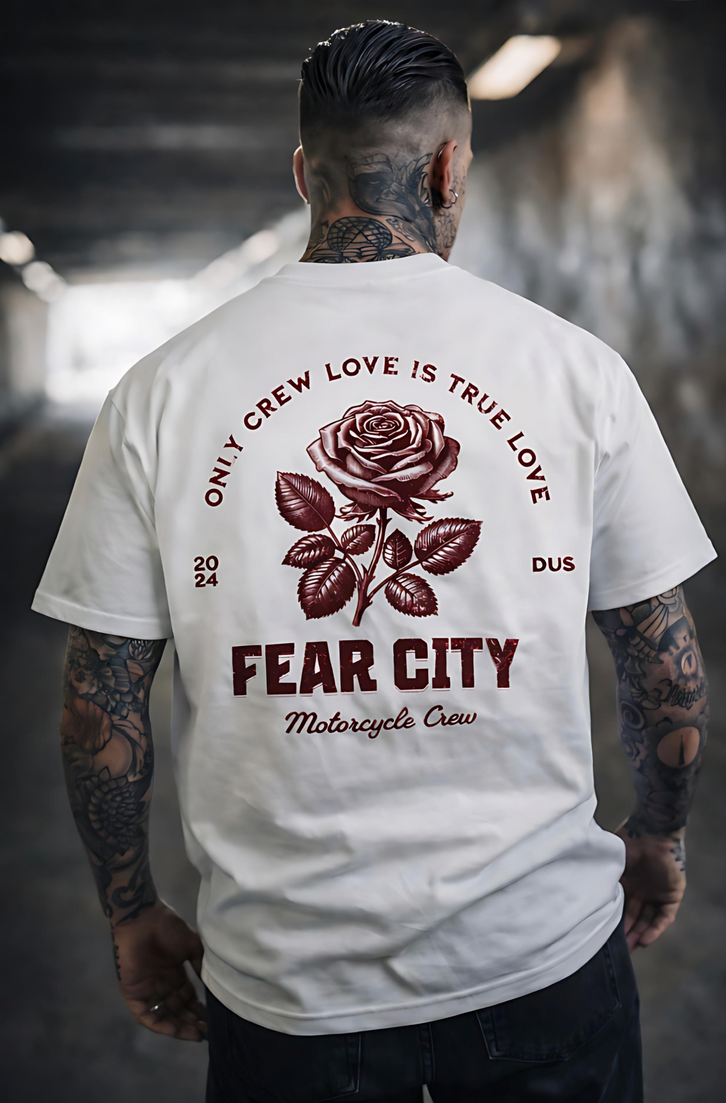 FEAR CITY RUSTY ROSE T-SHIRT – WHITE / FRONT & BACKPRINT RUSTY RED
