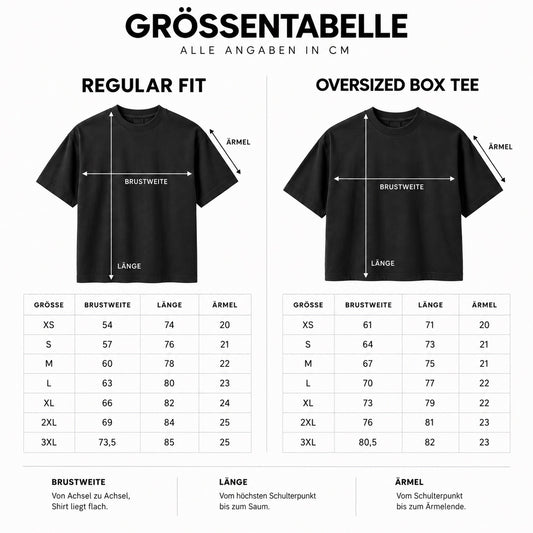 Größentabelle für Regular Fit und Oversized Box Tee – Maße in Zentimetern