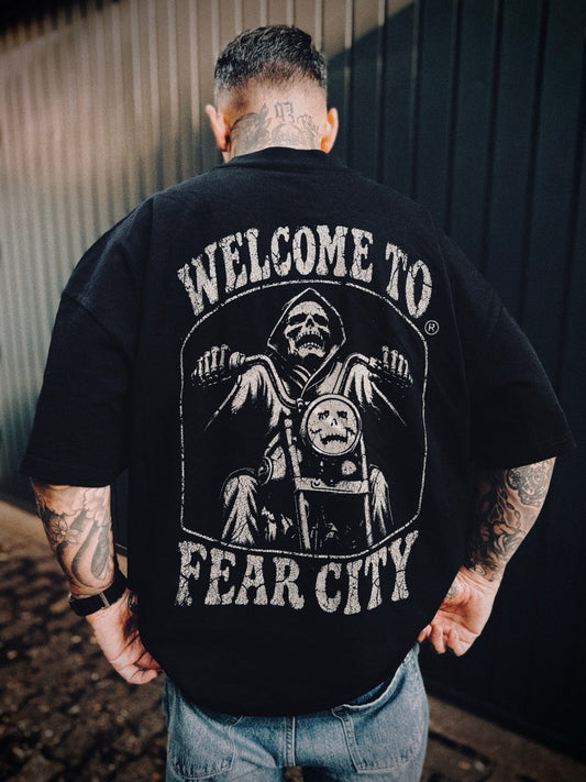 Schwarzes Clubstyle T-Shirt für Motorradfahrer mit grauem LAST RIDE Rückenprint – Fear City Motorrad Chopper Shirt